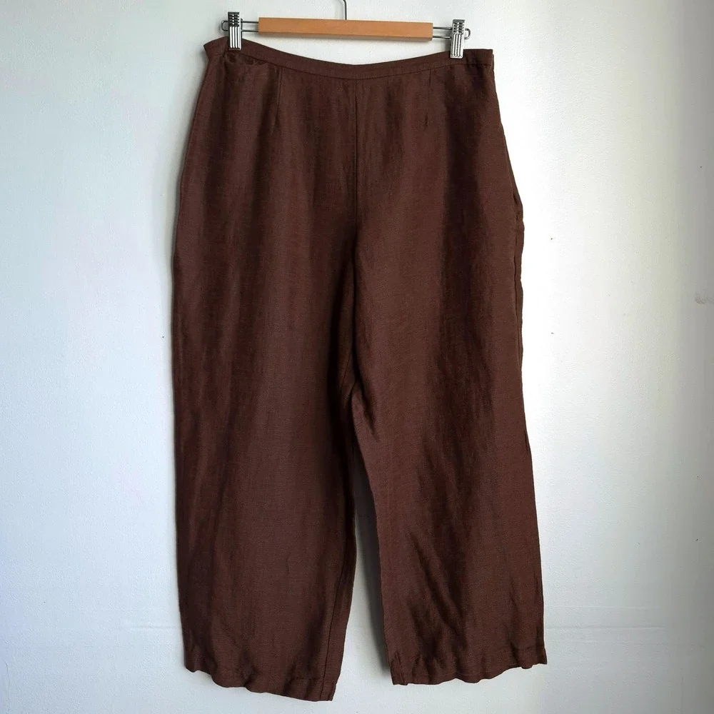 Eileen Fisher Wide Leg Pants Brown L Minimalist Quiet Luxury 100% Linen Trousers - Picture 1 of 9